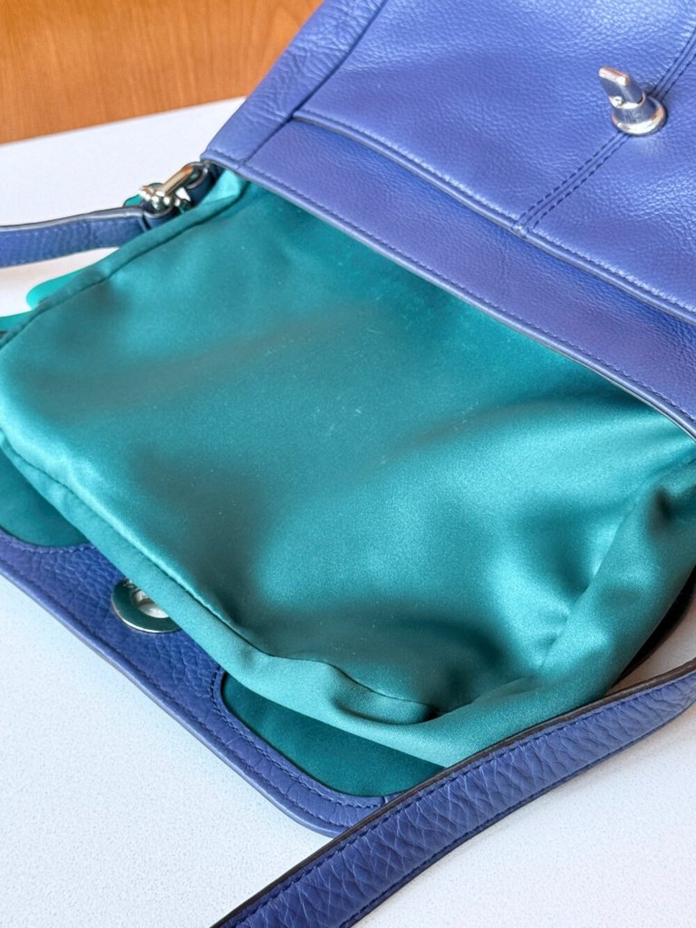 Coach Leather Crossbody Bag Blue Turnlock Flap Adjustable F23663 Emerald Satin - Picture 10 of 15